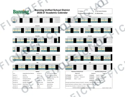 Banning BUSD 2026-27 calendar