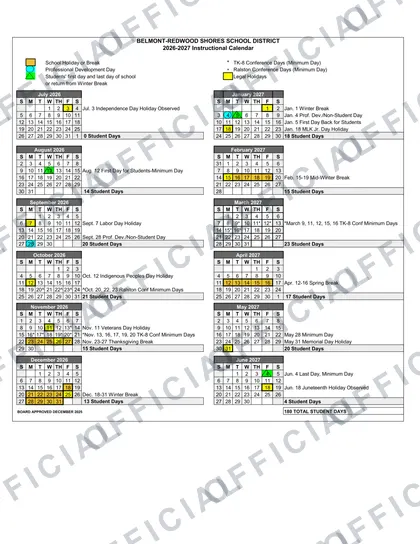 Belmont-Redwood Shores School District 2026-27 calendar
