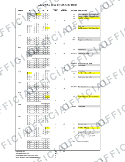 Berkeley Unified School District usd Calender 2026-27 calendar