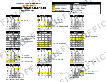 Berryessa Union School District 2026-27 calendar