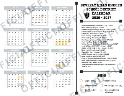 Beverly Hills Unified School District 2026-27 calendar