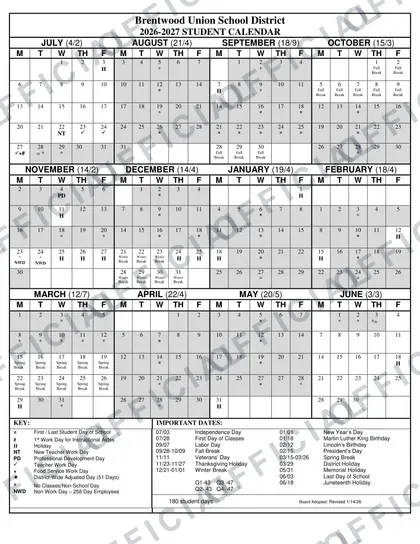 Brentwood Union School District USD 2026-27 calendar