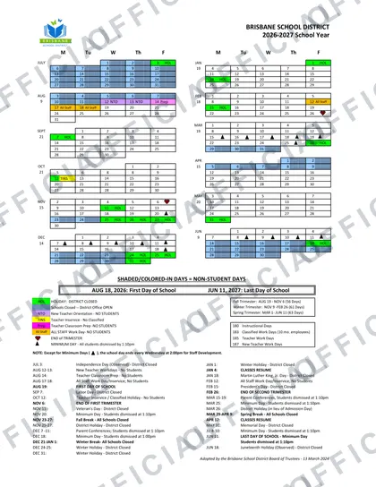 Brisbane School District 2026-27 calendar