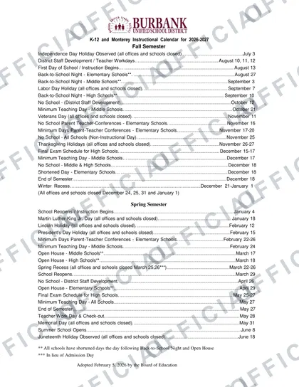 Burbank Unified School District 2026-27 calendar