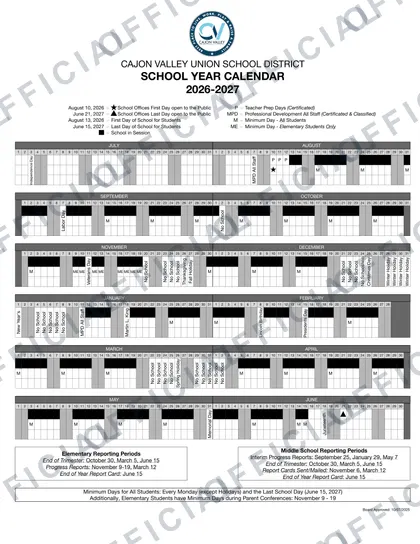 Cajon Valley Union School District 2026-27 calendar