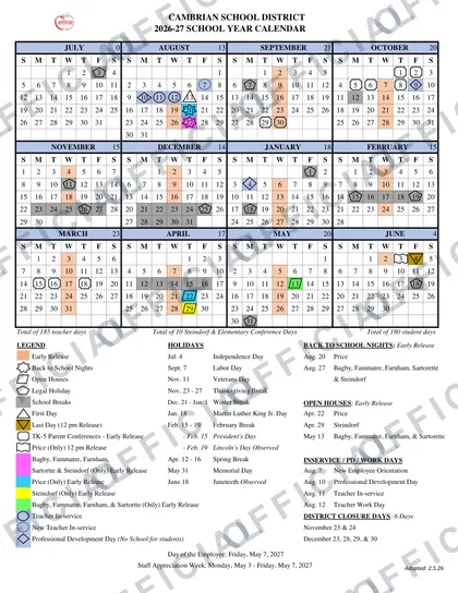 Cambrian School District 2026-27 calendar
