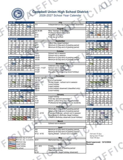 Campbell Union High School District 2026-27 calendar