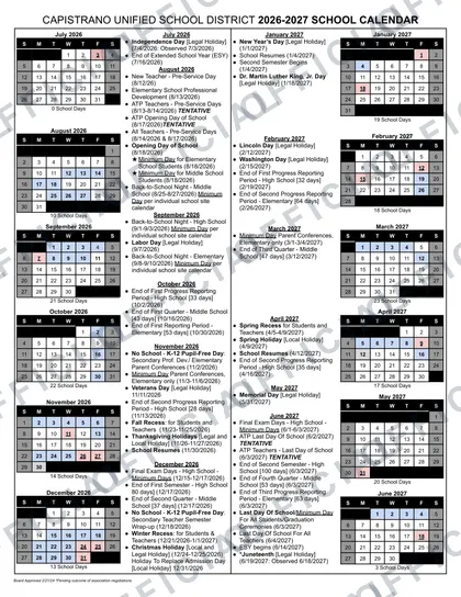 Capistrano USD District 2026-27 calendar