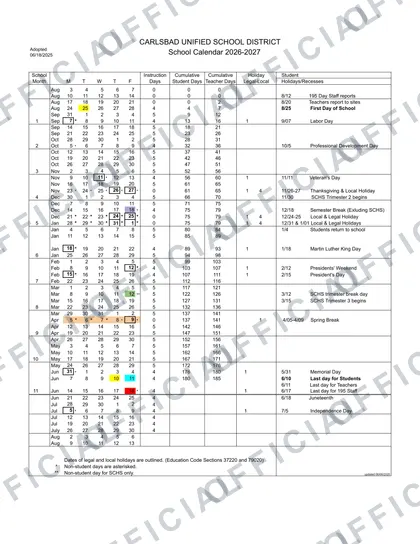 Carlsbad Unified School District 2026-27 calendar