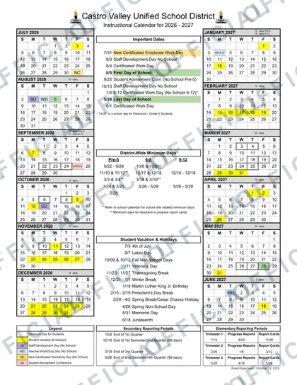 Castro Valley Unified School District usd 2026-27 calendar
