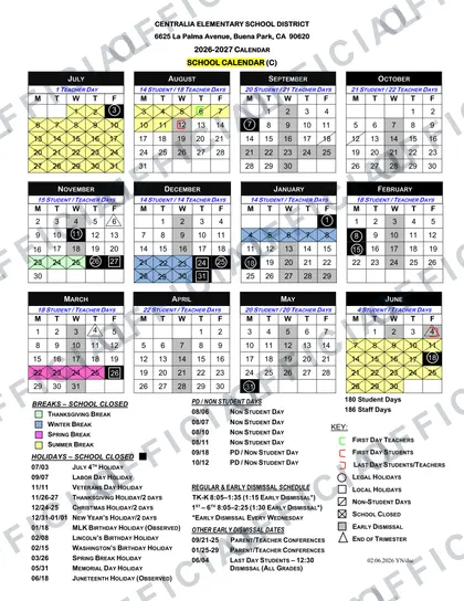 Centralia Elementary School District 2026-27 calendar
