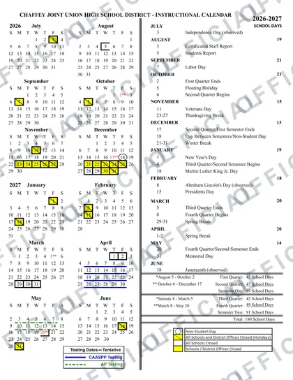 Chaffey Joint Union CJHUSD 2026-27 calendar