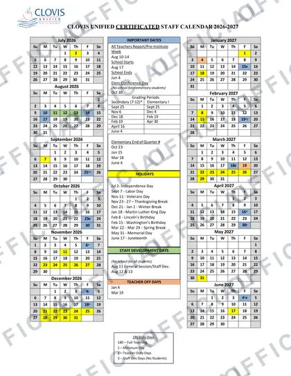Clovis Unified School District USD 2026-27 calendar