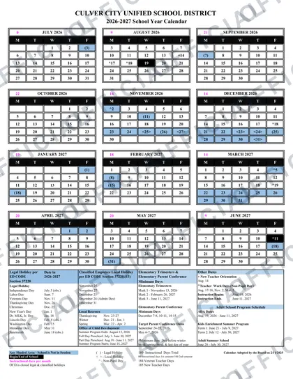 Culver City Unified School District 2026-27 calendar