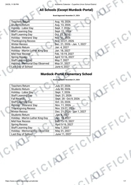 Cupertino Union School District 2026-27 calendar
