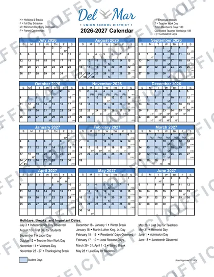 Del Mar DMUSD Union School District 2026-27 calendar