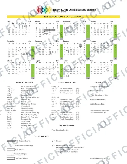 Desert Sands USD 2026-27 calendar