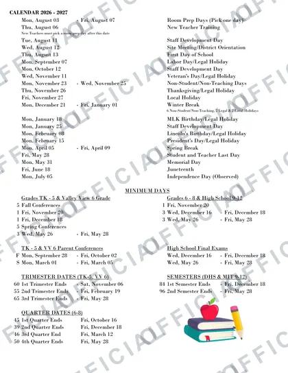 Duarte USD Unified School District 2026-27 calendar