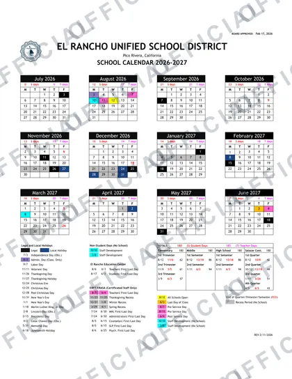 El Rancho USD Unified School District 2026-27 calendar