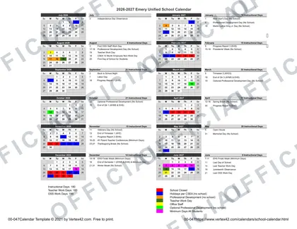Emery Unified School 2026-27 calendar