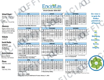 Encinitas EUSD Union School District 2026-27 calendar