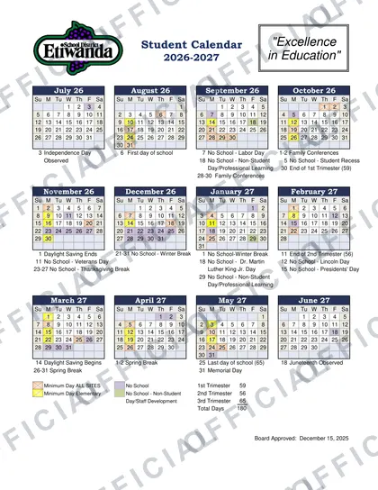 Etiwanda School District 2026-27 calendar