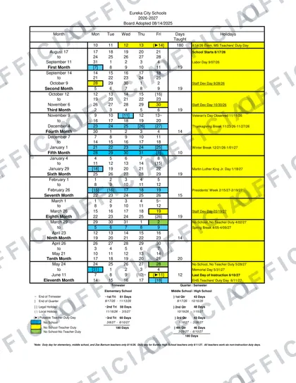 Eureka City Schools District 2026-27 calendar