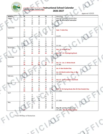Fallbrook FUESD Union Elementary School District 2026-27 calendar