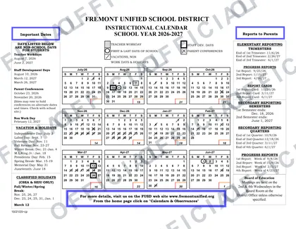 Fremont Unified School District Calender 2026-27 calendar