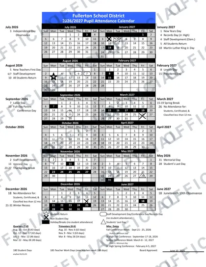 Fullerton School District 2026-27 calendar