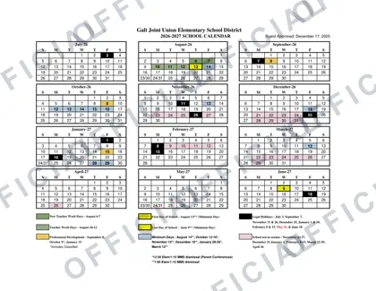 Galt Joint Union Elementary School District 2026-27 calendar