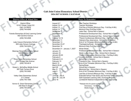 Galt Joint Union Elementary School District USD 2026-27 calendar