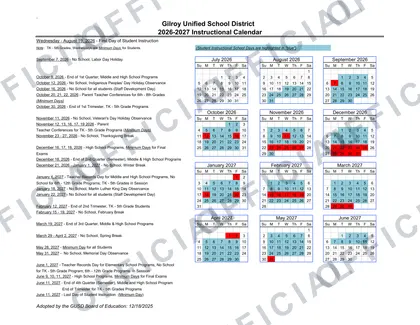 Gilroy GUSD Unified School District 2026-27 calendar
