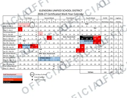 Glendora USD Unified School District 2026-27 calendar