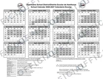 Hawthorne School District Calender 2026-27 calendar