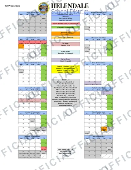 Helendale School District 2026-27 calendar