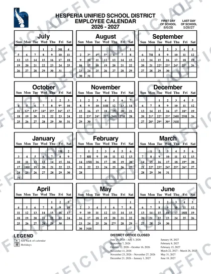 HESPERIA USD 2026-27 calendar