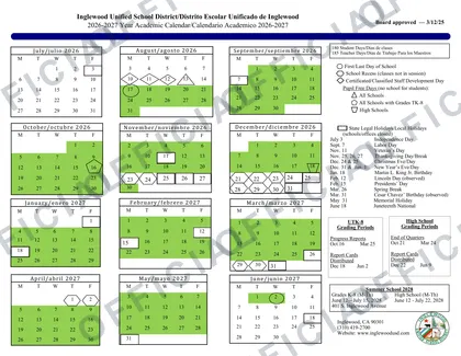Inglewood USD Calender 2026-27 calendar