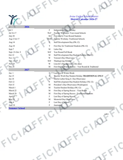 Irvine Unified School District IUSD 2026-27 calendar