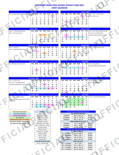 Jefferson Union High School District 2026-27 calendar