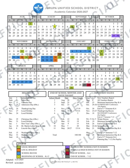 Jurupa Unified School District USD 2026-27 calendar