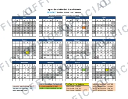 Laguna Beach USD Calender 2026-27 calendar