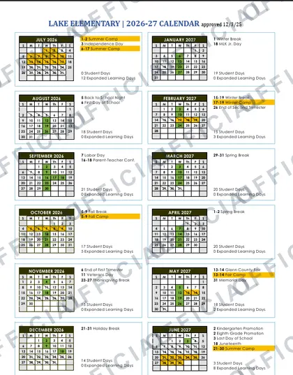 Lake Elementary 2026-27 calendar