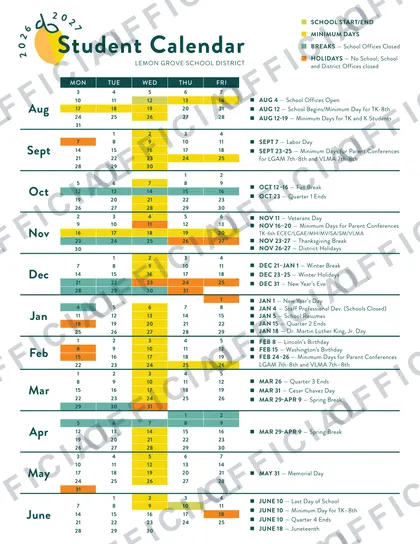 Lemon Grove School District 2026-27 calendar