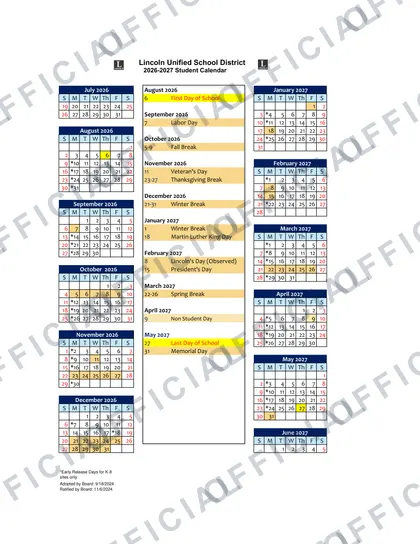 Lincoln Unified School District 2026-27 calendar