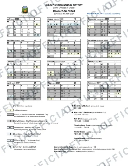 Lindsay Unified School District USD 2026-27 calendar