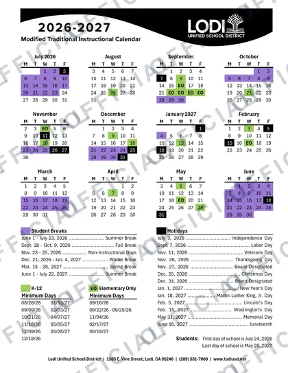 Lodi Unified School District 2026-27 calendar