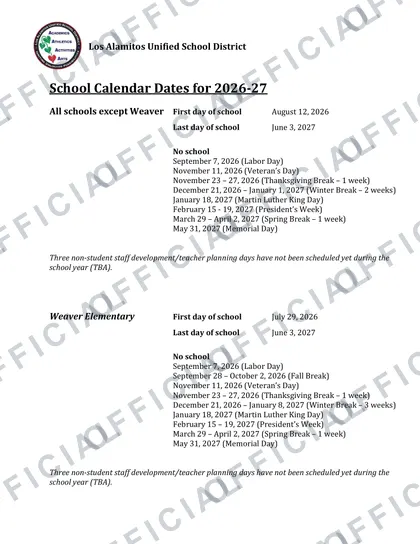 Los Alamitos USD Calender 2026-27 calendar