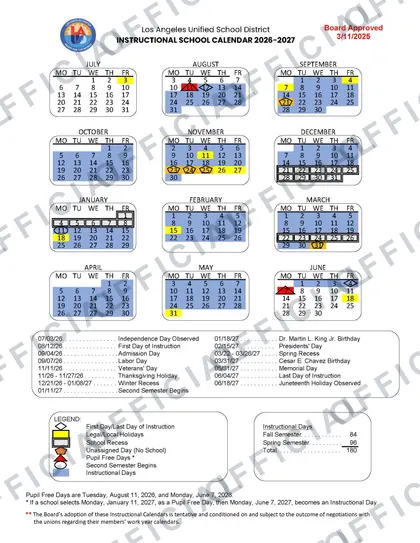 Los Angeles Unified School District 2026-27 calendar