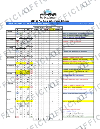 Los Gatos-Saratoga LGSUHSD 2026-27 calendar